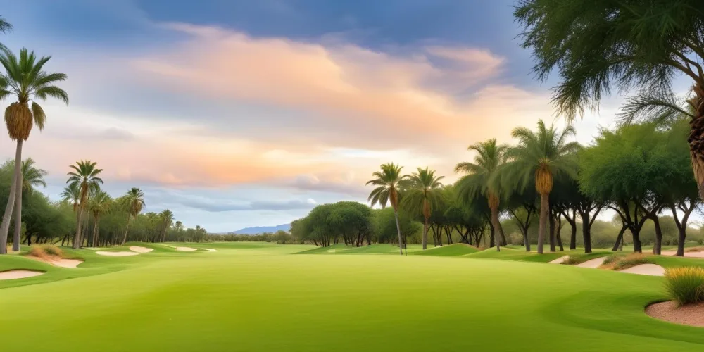 A Lush Green Golf Course With Palm Trees And A Cloudy Sky At Sunset Surrounded By Desert Landscape With Bright Orange Hues In The Sky Featuring Tall Grass In The Foreground 17 B8a9