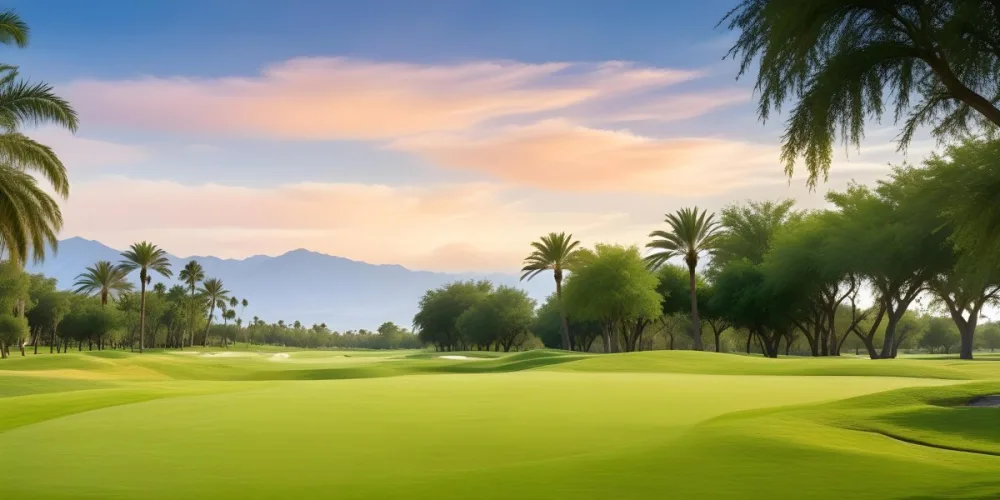 A Lush Green Golf Course With Palm Trees And A Cloudy Sky At Sunset Surrounded By Desert Landscape With Bright Orange Hues In The Sky Featuring Tall Grass In The Foreground 18 Cfb2