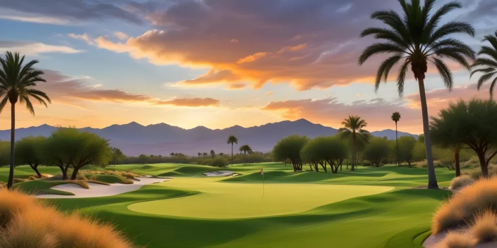 A Lush Green Golf Course With Palm Trees And A Cloudy Sky At Sunset Surrounded By Desert Landscape With Bright Orange Hues In The Sky Featuring Tall Grass In The Foreground 2 A0a7