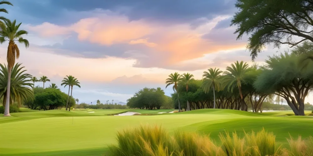 A Lush Green Golf Course With Palm Trees And A Cloudy Sky At Sunset Surrounded By Desert Landscape With Bright Orange Hues In The Sky Featuring Tall Grass In The Foreground 20 0747