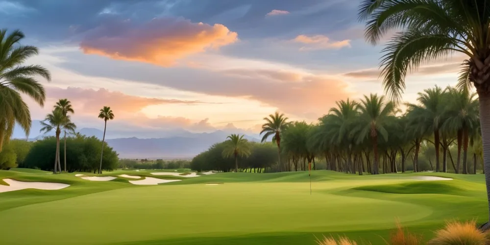 A Lush Green Golf Course With Palm Trees And A Cloudy Sky At Sunset Surrounded By Desert Landscape With Bright Orange Hues In The Sky Featuring Tall Grass In The Foreground 21 Ebe5