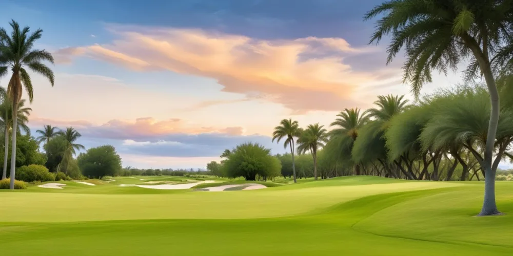 A Lush Green Golf Course With Palm Trees And A Cloudy Sky At Sunset Surrounded By Desert Landscape With Bright Orange Hues In The Sky Featuring Tall Grass In The Foreground 22 22e6