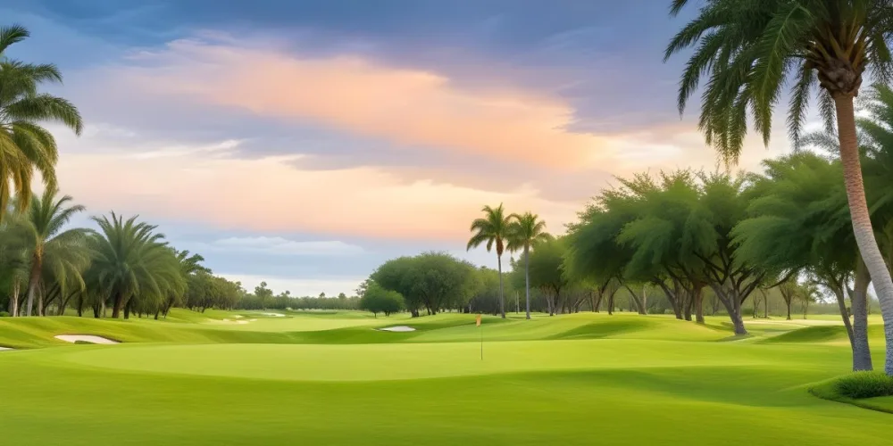 A Lush Green Golf Course With Palm Trees And A Cloudy Sky At Sunset Surrounded By Desert Landscape With Bright Orange Hues In The Sky Featuring Tall Grass In The Foreground 23 2f87