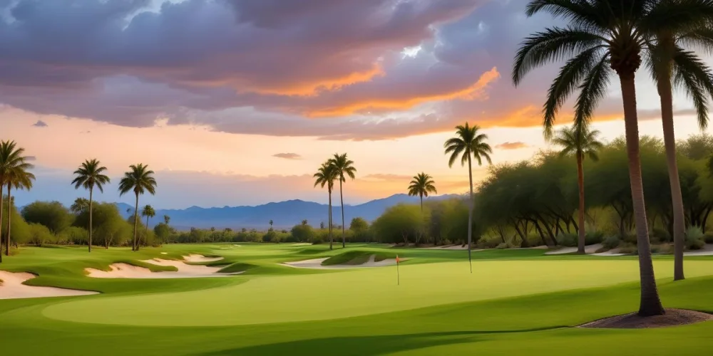A Lush Green Golf Course With Palm Trees And A Cloudy Sky At Sunset Surrounded By Desert Landscape With Bright Orange Hues In The Sky Featuring Tall Grass In The Foreground 24 E32a