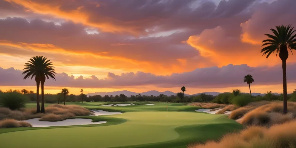 A Lush Green Golf Course With Palm Trees And A Cloudy Sky At Sunset Surrounded By Desert Landscape With Bright Orange Hues In The Sky Featuring Tall Grass In The Foreground 3 Bbbd