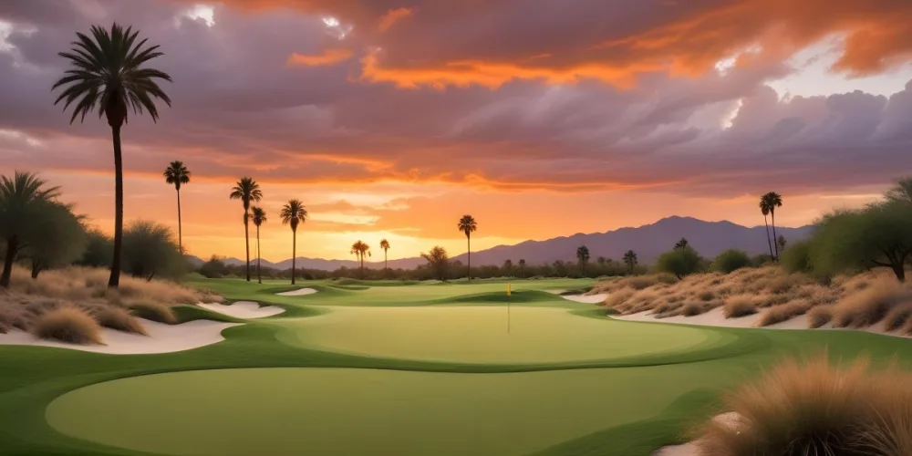 A Lush Green Golf Course With Palm Trees And A Cloudy Sky At Sunset Surrounded By Desert Landscape With Bright Orange Hues In The Sky Featuring Tall Grass In The Foreground 4 8604