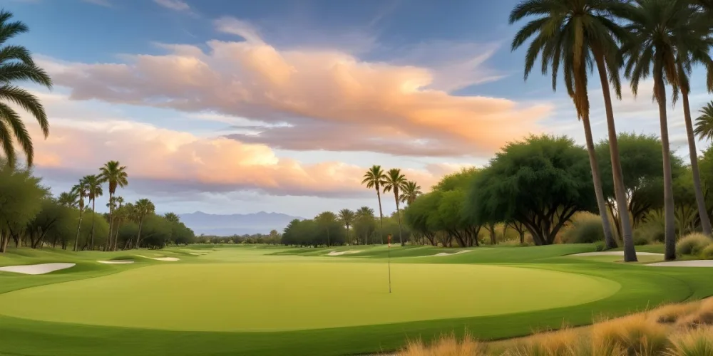 A Lush Green Golf Course With Palm Trees And A Cloudy Sky At Sunset Surrounded By Desert Landscape With Bright Orange Hues In The Sky Featuring Tall Grass In The Foreground 5 C213
