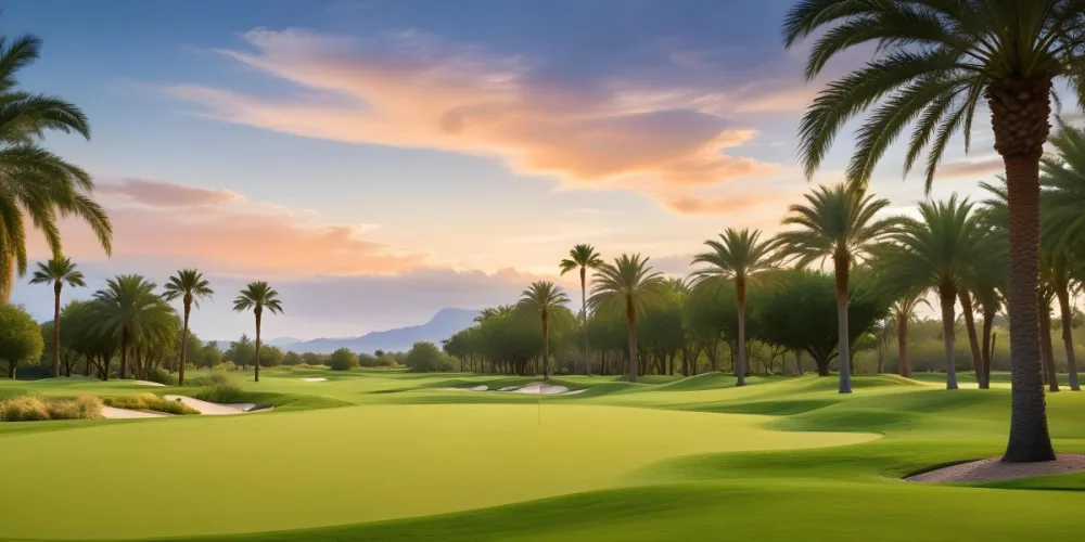 A Lush Green Golf Course With Palm Trees And A Cloudy Sky At Sunset Surrounded By Desert Landscape With Bright Orange Hues In The Sky Featuring Tall Grass In The Foreground 7 2d1c