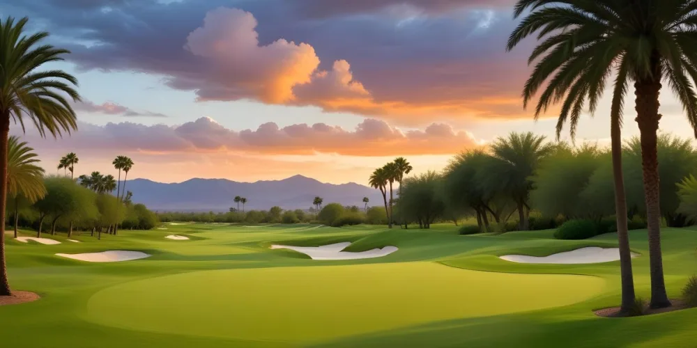 A Lush Green Golf Course With Palm Trees And A Cloudy Sky At Sunset Surrounded By Desert Landscape With Bright Orange Hues In The Sky Featuring Tall Grass In The Foreground 8 30a8