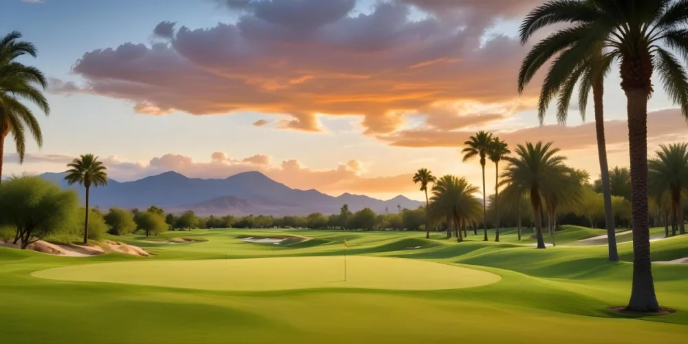 A Lush Green Golf Course With Palm Trees And A Cloudy Sky At Sunset Surrounded By Desert Landscape With Bright Orange Hues In The Sky Featuring Tall Grass In The Foreground 9 F8b8