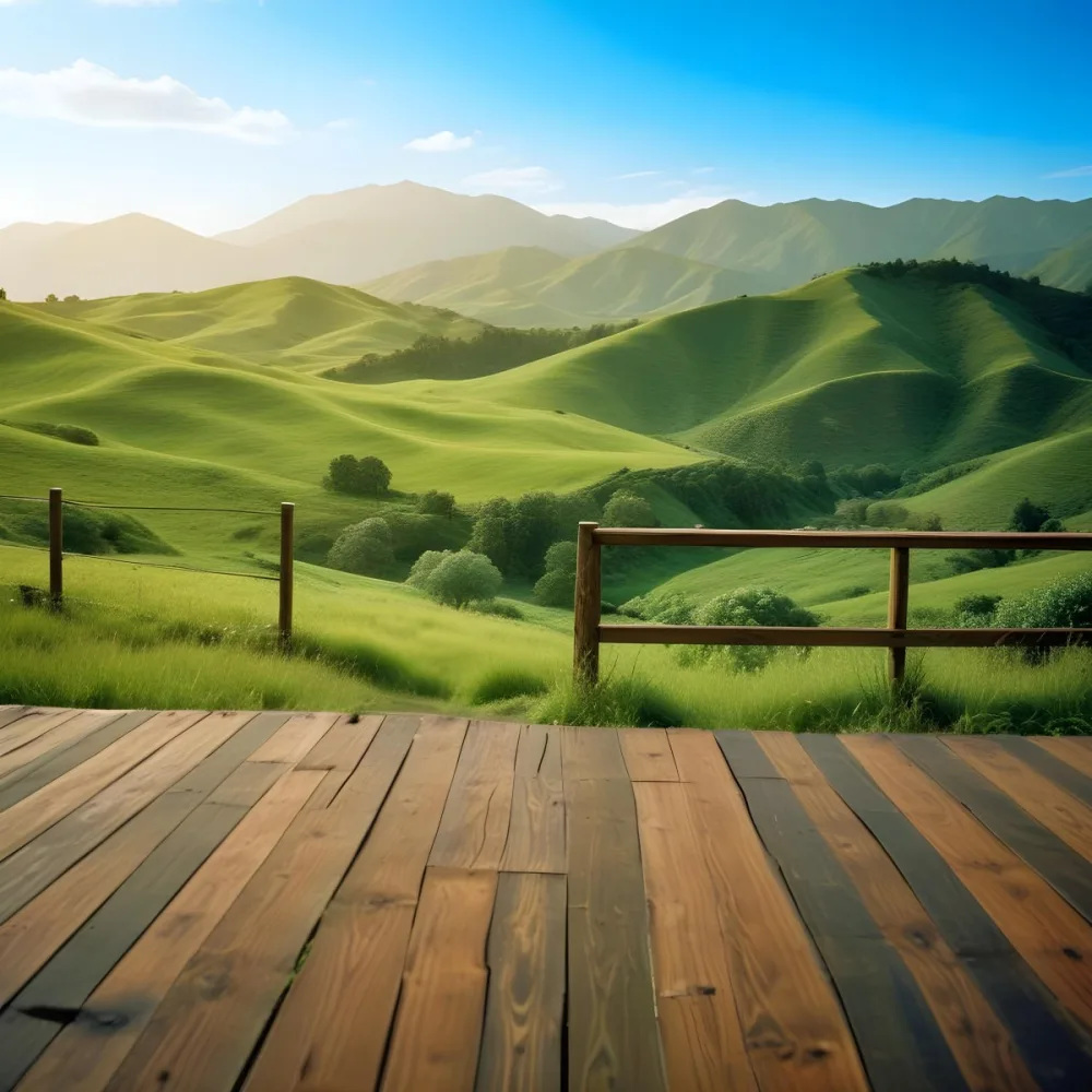 A Lush Green Landscape With Rolling Hills And Mountains In The Background With A Wooden Deck In The Foreground 22 A491