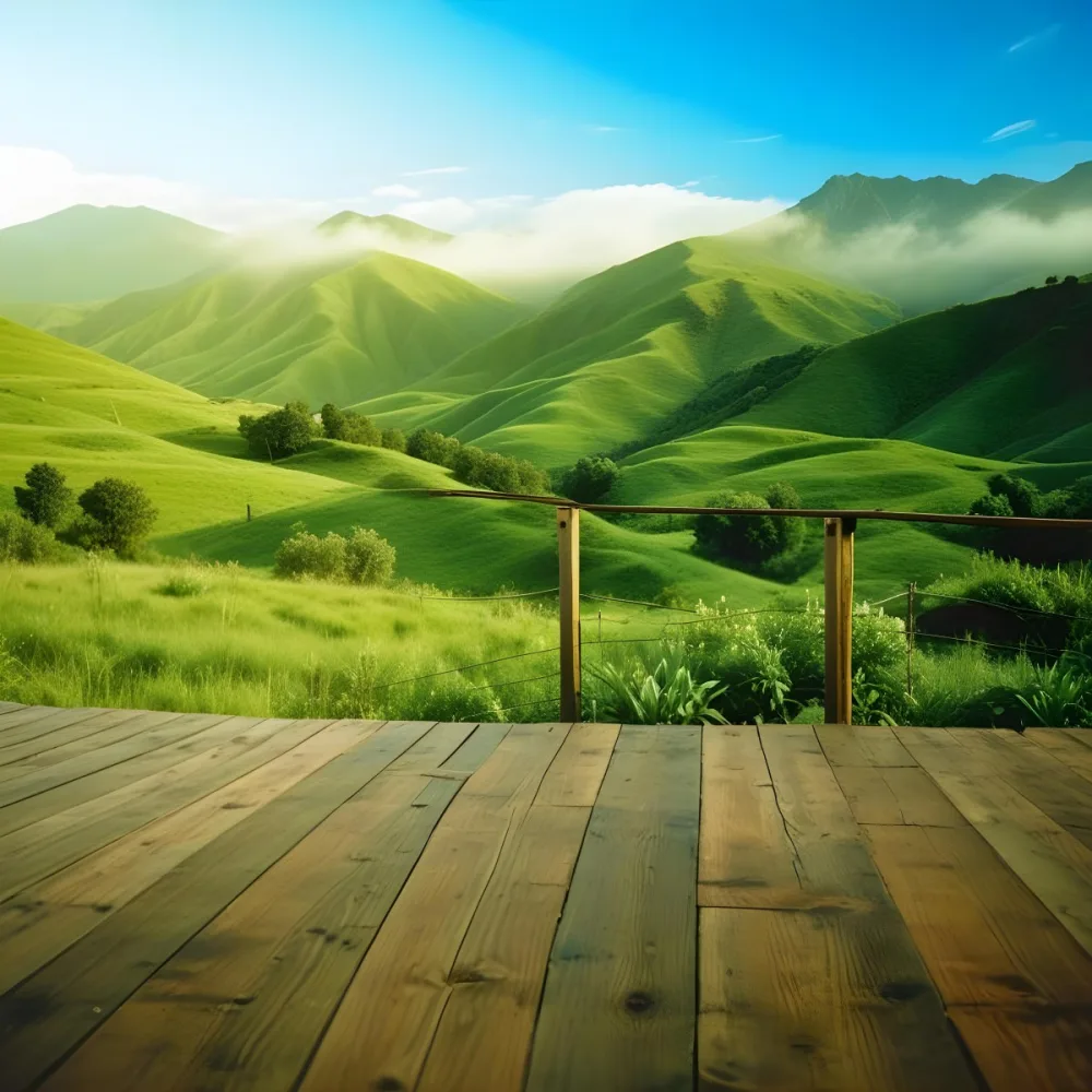 A Lush Green Landscape With Rolling Hills And Mountains In The Background With A Wooden Deck In The Foreground 26 Cafe