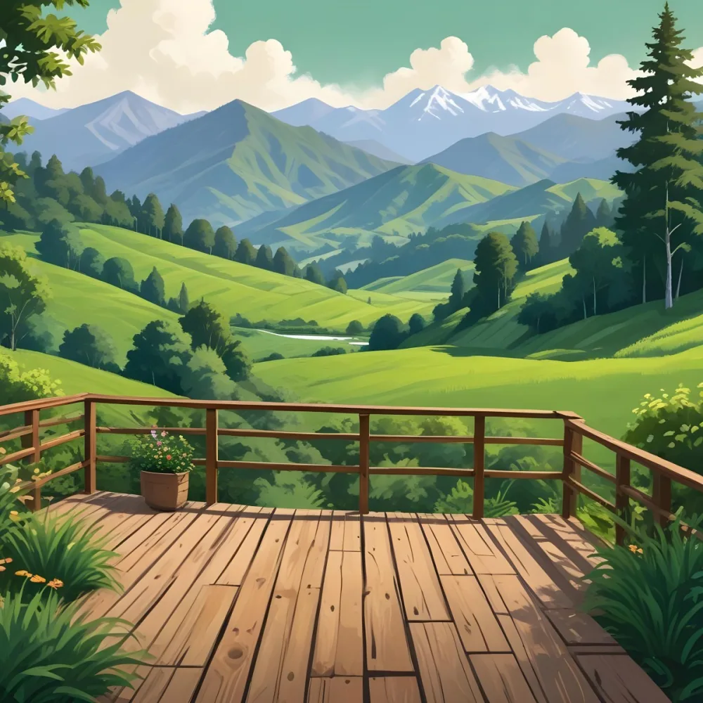 A Lush Green Landscape With Rolling Hills And Mountains In The Background With A Wooden Deck In The Foreground 3 E1b5