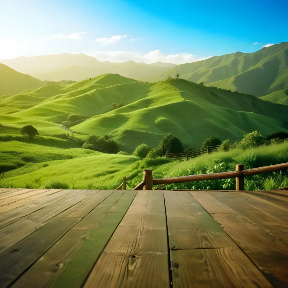 A Lush Green Landscape With Rolling Hills And Mountains In The Background With A Wooden Deck In The Foreground 31 1d51