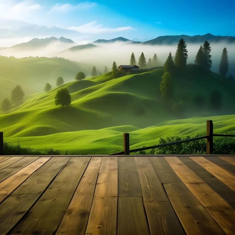 A Lush Green Landscape With Rolling Hills And Mountains In The Background With A Wooden Deck In The Foreground 35 Ee01