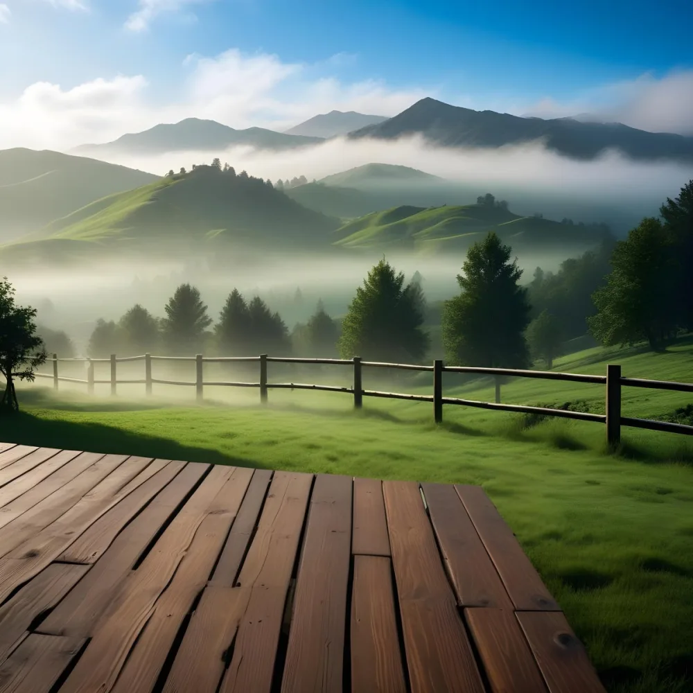 A Lush Green Landscape With Rolling Hills And Mountains In The Background With A Wooden Deck In The Foreground 39 6ed6