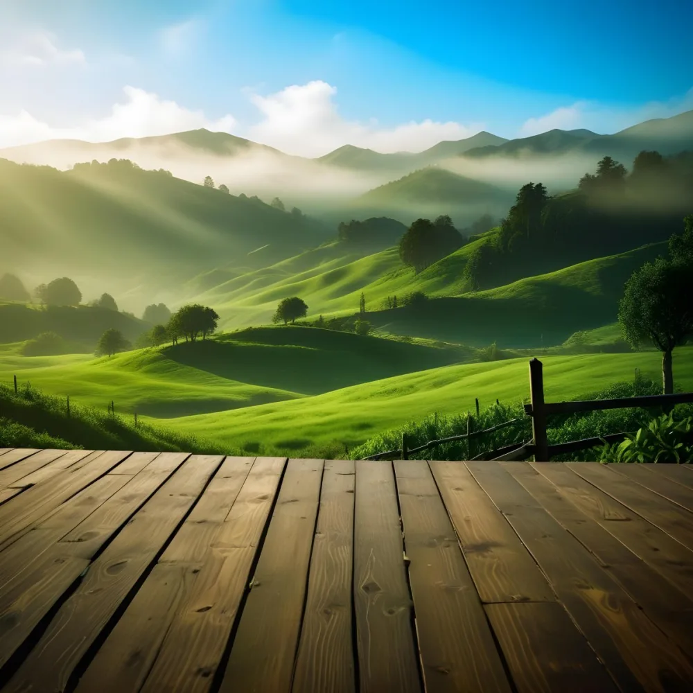 A Lush Green Landscape With Rolling Hills And Mountains In The Background With A Wooden Deck In The Foreground 40 C4b3