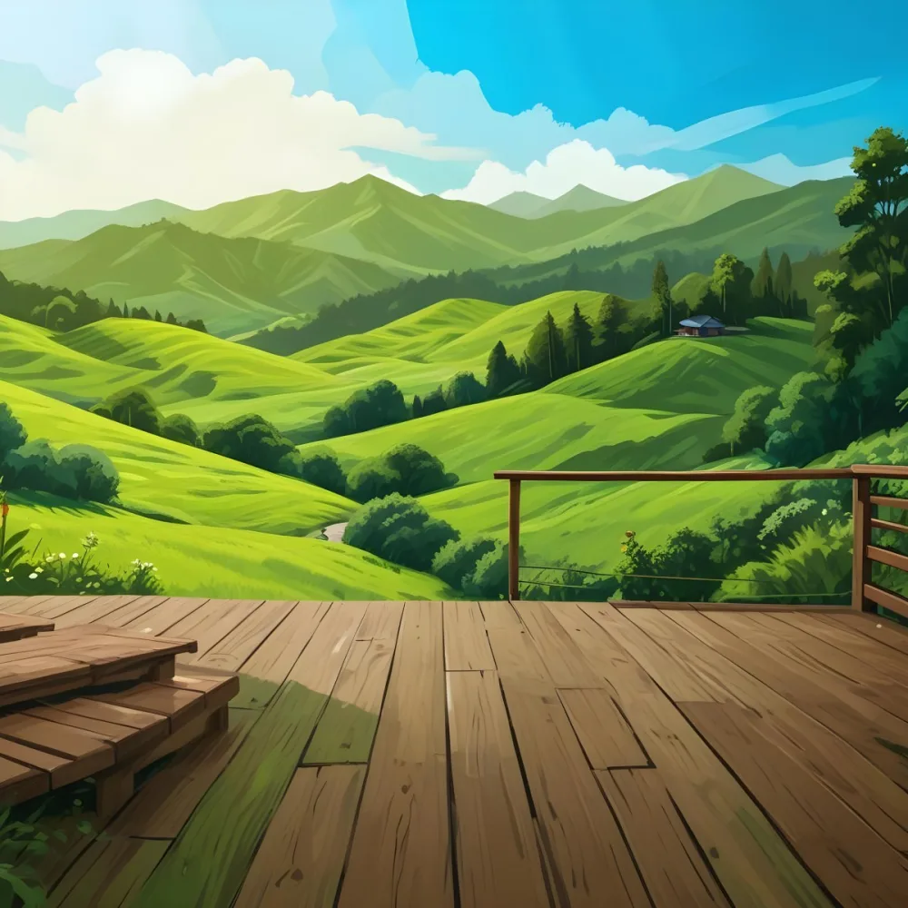 A Lush Green Landscape With Rolling Hills And Mountains In The Background With A Wooden Deck In The Foreground 6 Dfc5