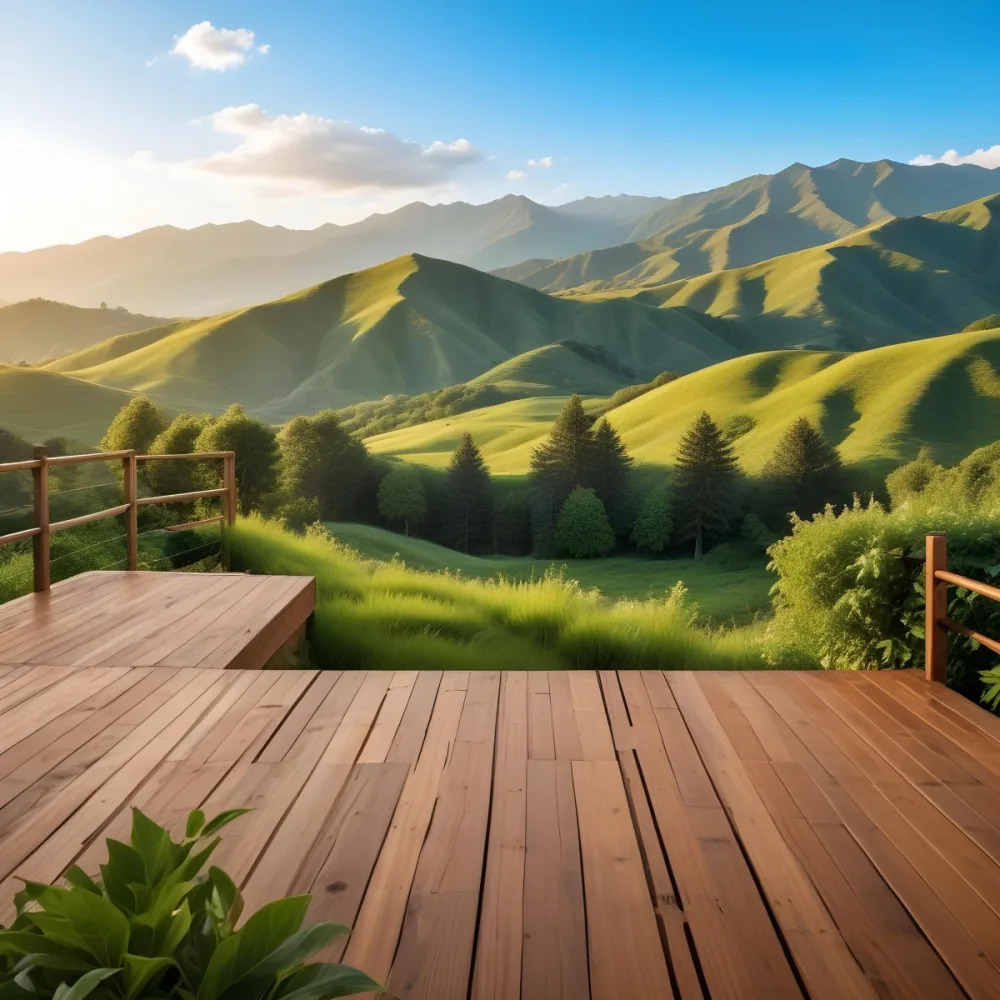 A Lush Green Landscape With Rolling Hills And Mountains In The Background With A Wooden Deck In The Foreground 62 F268