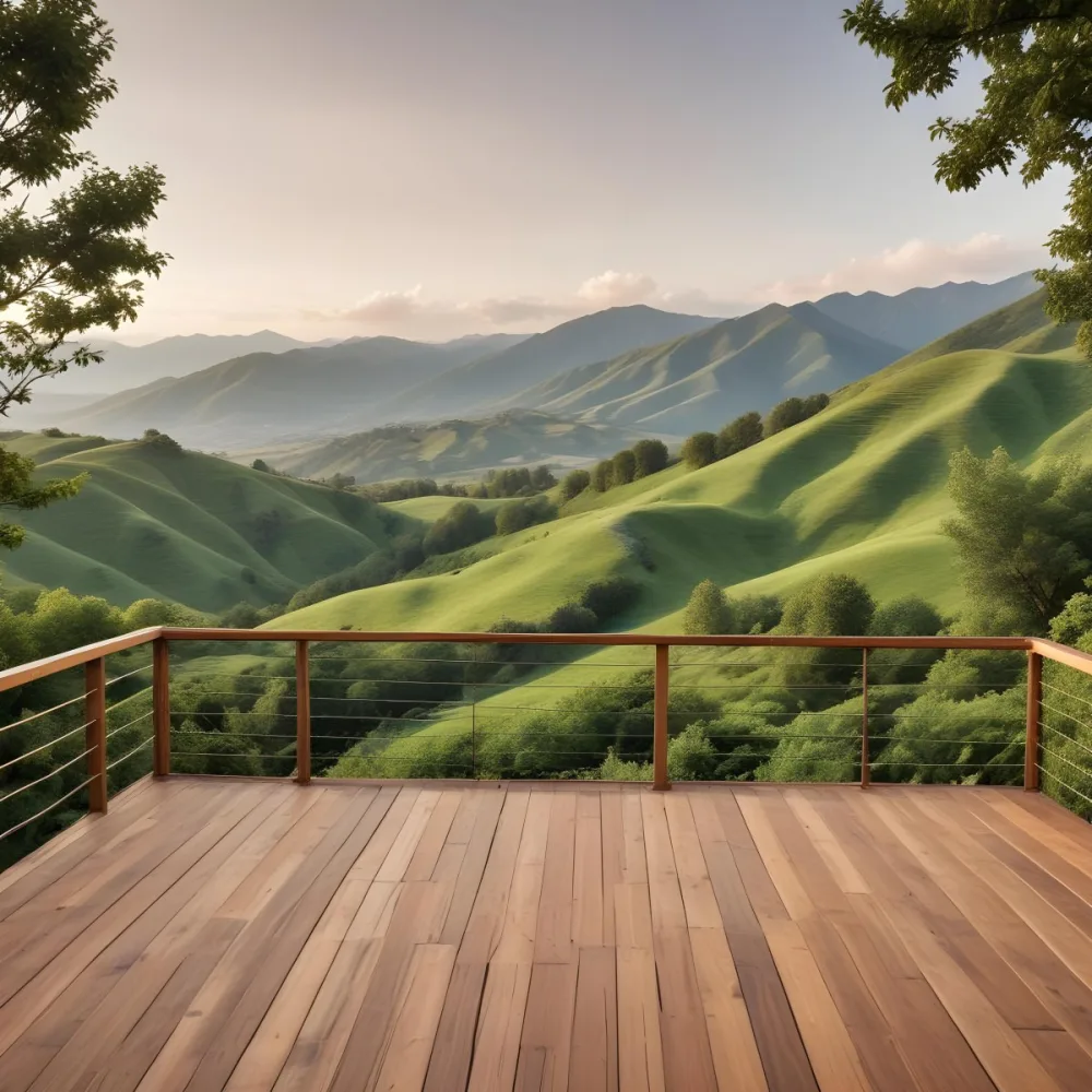 A Lush Green Landscape With Rolling Hills And Mountains In The Background With A Wooden Deck In The Foreground 63 2009