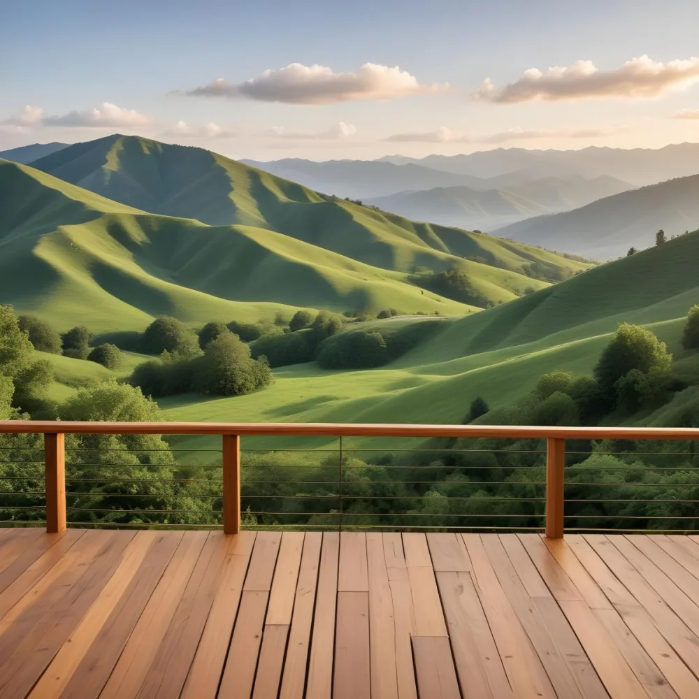 A Lush Green Landscape With Rolling Hills And Mountains In The Background With A Wooden Deck In The Foreground 64 F7d0