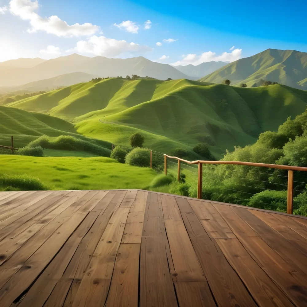 A Lush Green Landscape With Rolling Hills And Mountains In The Background With A Wooden Deck In The Foreground 65 Dddc