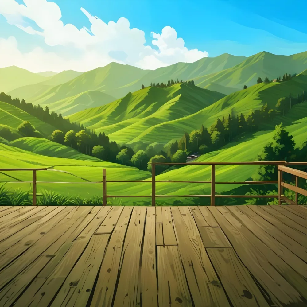 A Lush Green Landscape With Rolling Hills And Mountains In The Background With A Wooden Deck In The Foreground 67 C24c