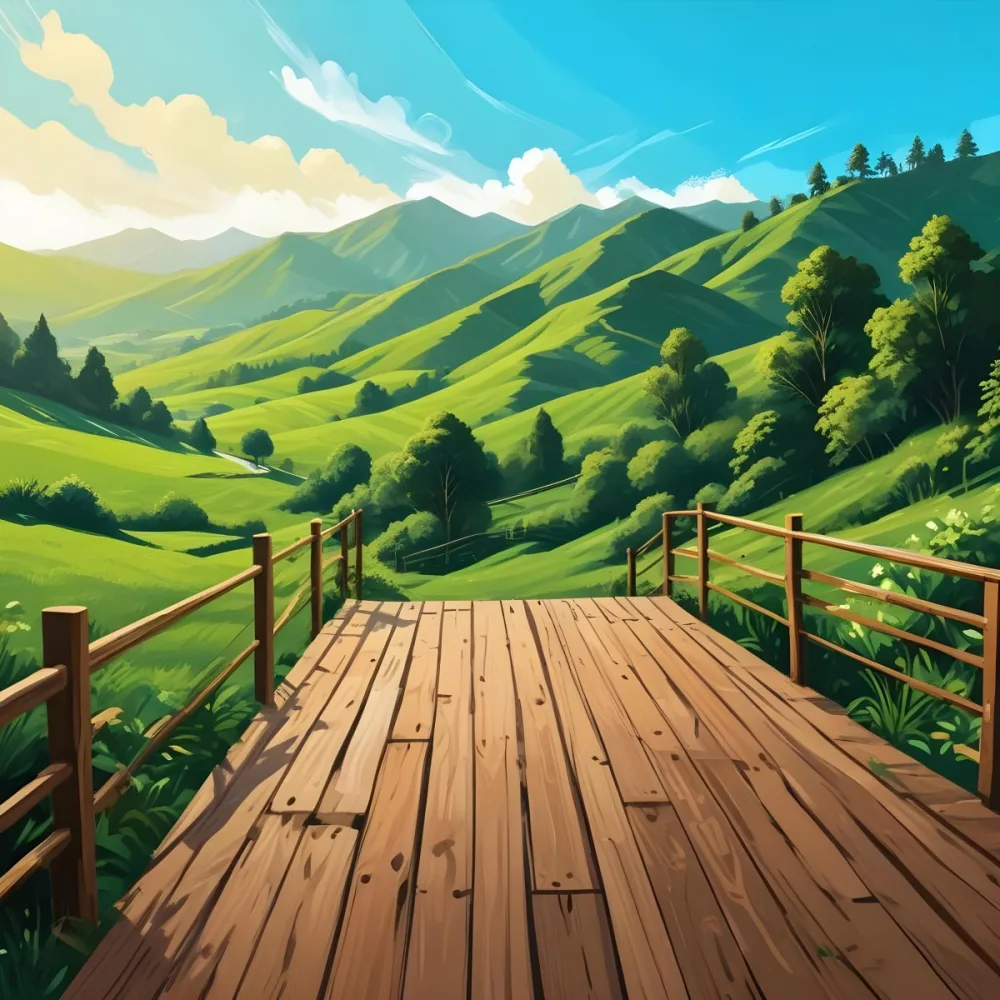 A Lush Green Landscape With Rolling Hills And Mountains In The Background With A Wooden Deck In The Foreground 69 C114