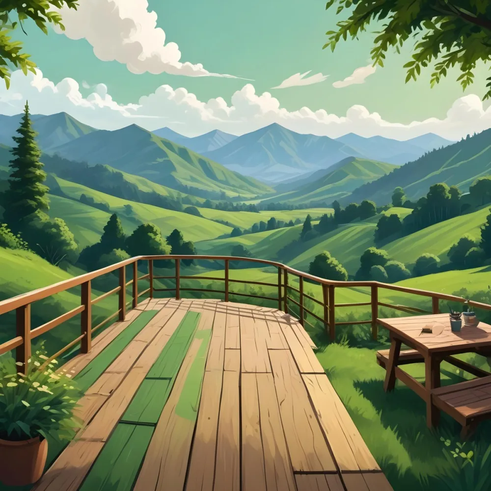 A Lush Green Landscape With Rolling Hills And Mountains In The Background With A Wooden Deck In The Foreground 7 97a5