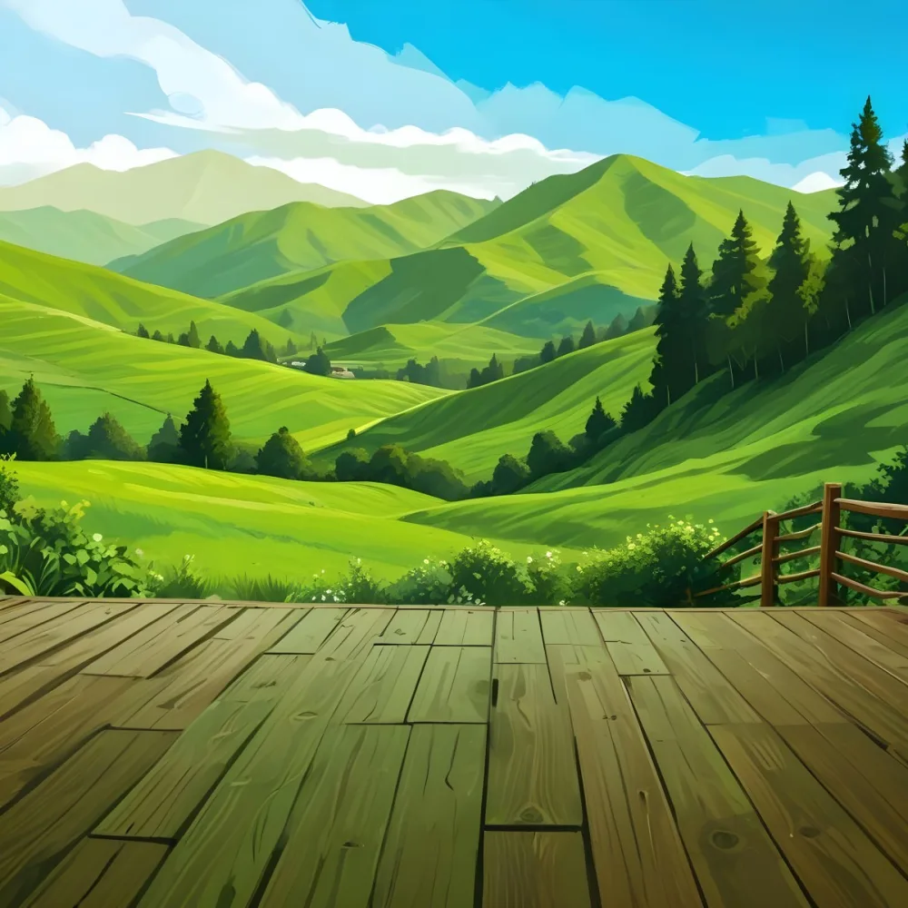 A Lush Green Landscape With Rolling Hills And Mountains In The Background With A Wooden Deck In The Foreground 71 B8de