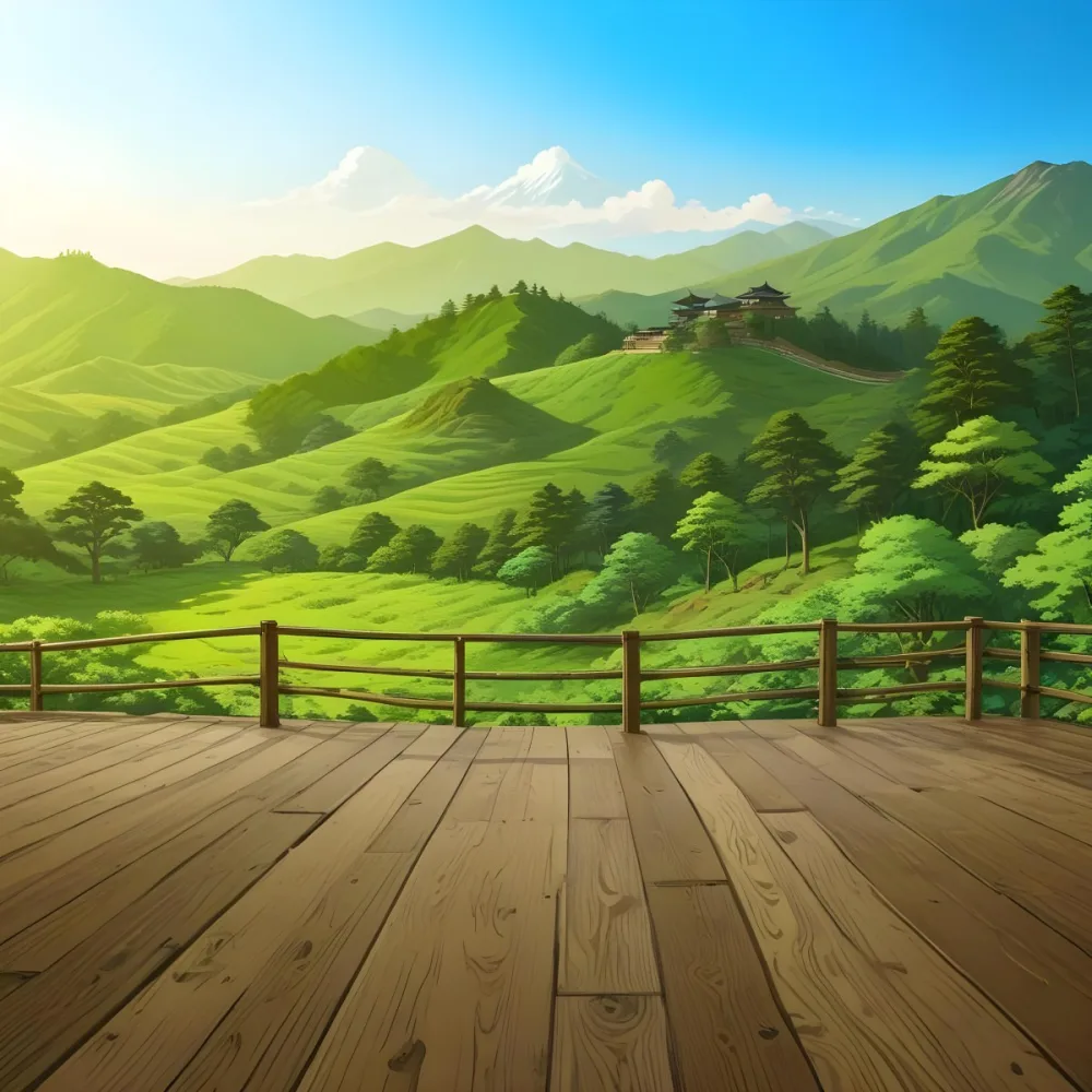 A Lush Green Landscape With Rolling Hills And Mountains In The Background With A Wooden Deck In The Foreground 8 044a