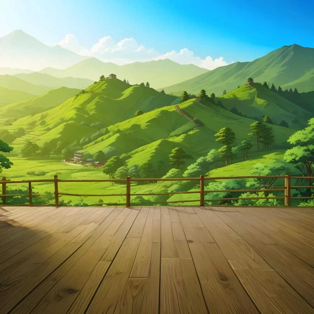 A Lush Green Landscape With Rolling Hills And Mountains In The Background With A Wooden Deck In The Foreground 9 3d23