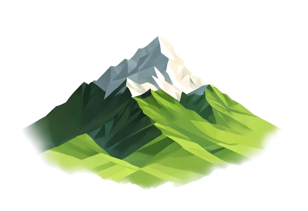 A Mountain With A Snow Covered Peak Surrounded By Green Hills And Fields The Sky Is White The Style Is Simple And Geometric 15 4c78