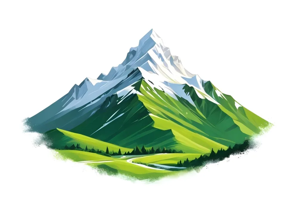 A Mountain With A Snow Covered Peak Surrounded By Green Hills And Fields The Sky Is White The Style Is Simple And Geometric 33 3fd5