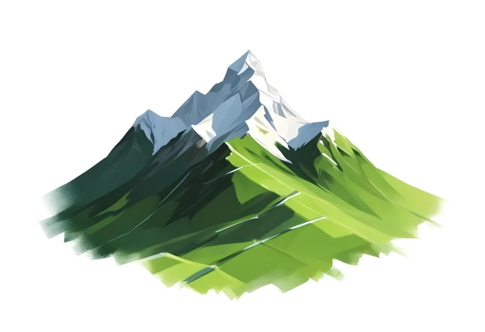 A Mountain With A Snow Covered Peak Surrounded By Green Hills And Fields The Sky Is White The Style Is Simple And Geometric 36 A023