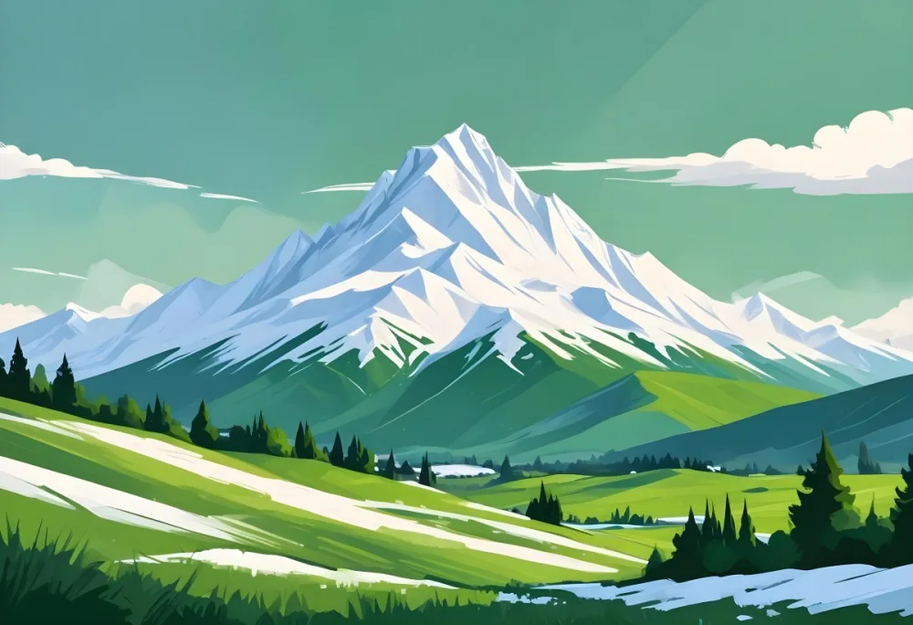 A Mountain With A Snow Covered Peak Surrounded By Green Hills And Fields The Sky Is White The Style Is Simple And Geometric 4 8ae7