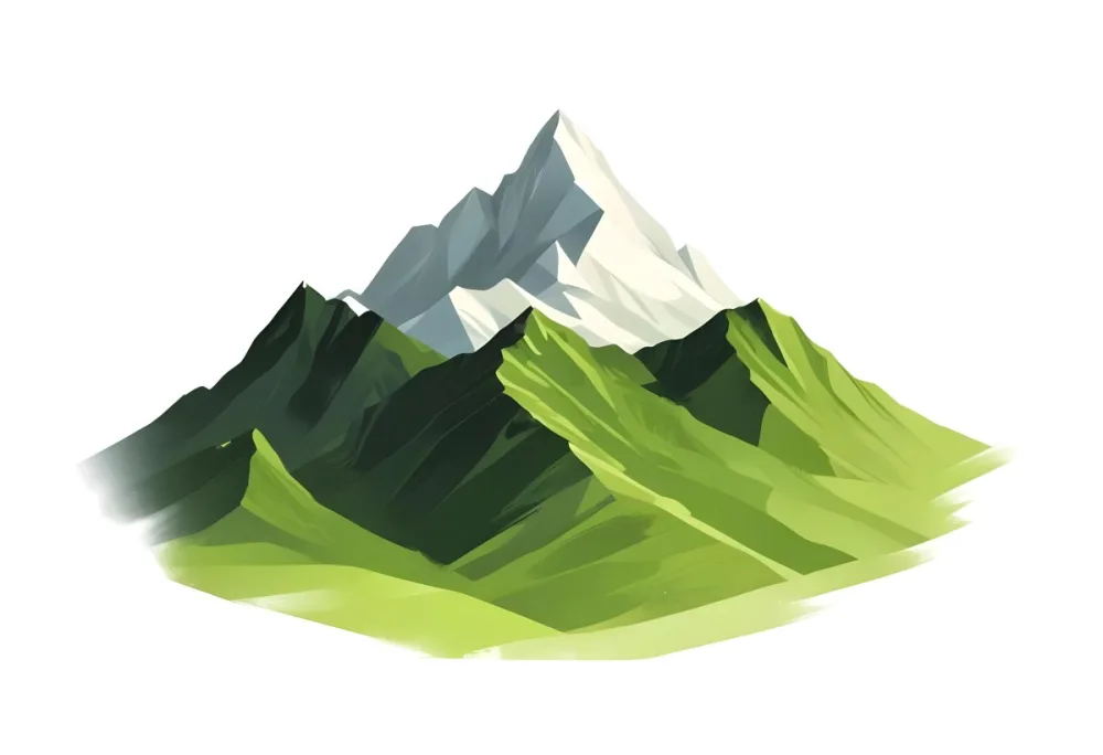 A Mountain With A Snow Covered Peak Surrounded By Green Hills And Fields The Sky Is White The Style Is Simple And Geometric 43 659b