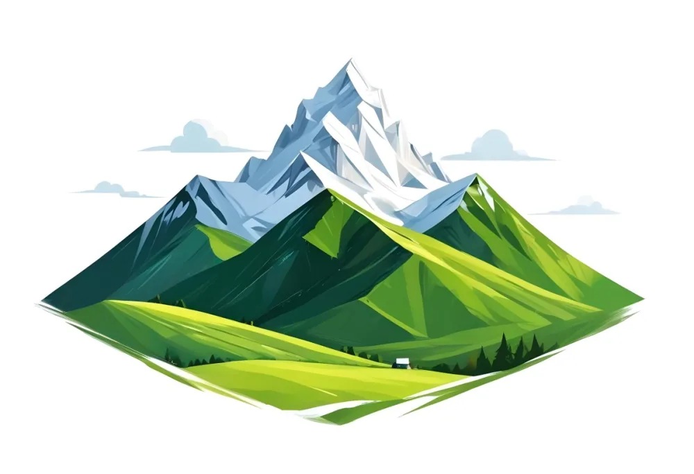 A Mountain With A Snow Covered Peak Surrounded By Green Hills And Fields The Sky Is White The Style Is Simple And Geometric 45 5297