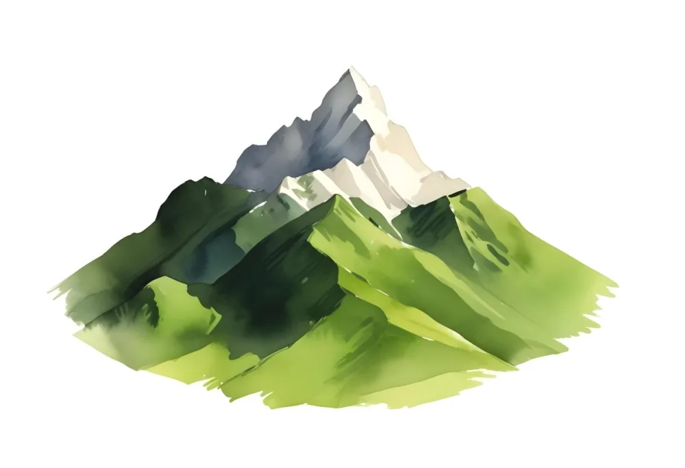 A Mountain With A Snow Covered Peak Surrounded By Green Hills And Fields The Sky Is White The Style Is Simple And Geometric 49 C003