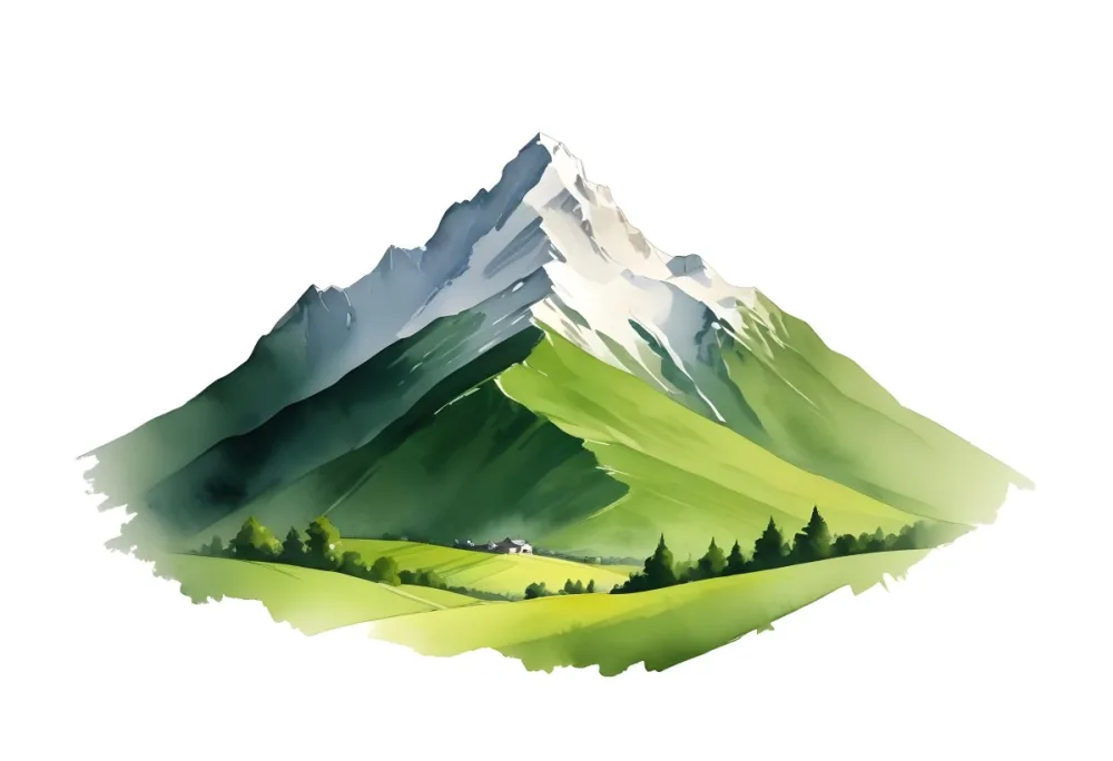 A Mountain With A Snow Covered Peak Surrounded By Green Hills And Fields The Sky Is White The Style Is Simple And Geometric 58 2335