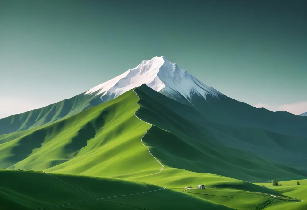 A Mountain With A Snow Covered Peak Surrounded By Green Hills And Fields The Sky Is White The Style Is Simple And Geometric 70 7a18