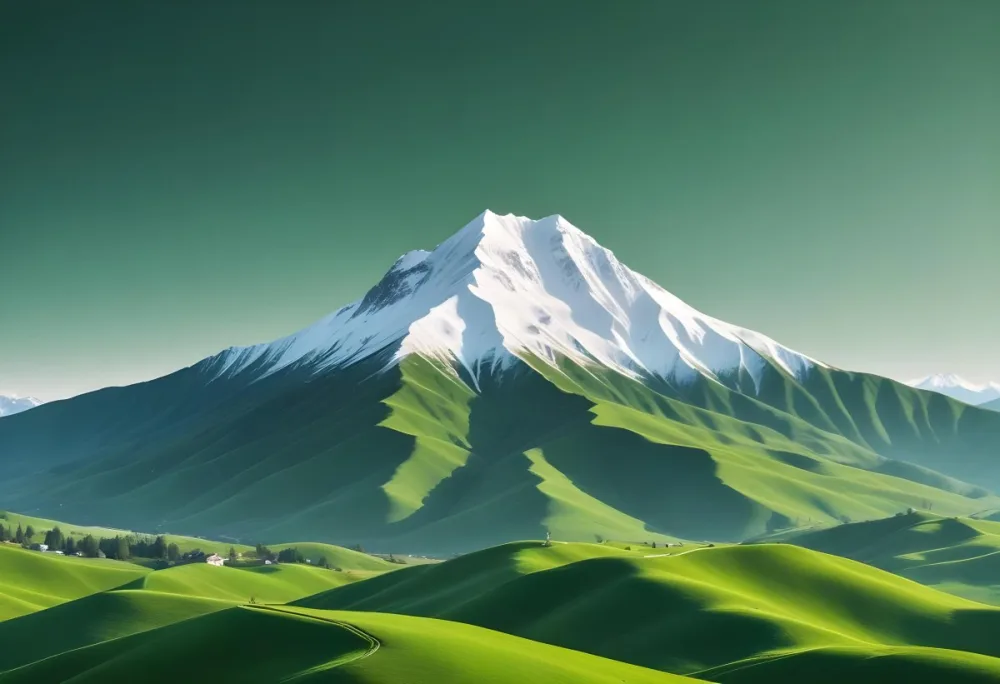 A Mountain With A Snow Covered Peak Surrounded By Green Hills And Fields The Sky Is White The Style Is Simple And Geometric 71 F549