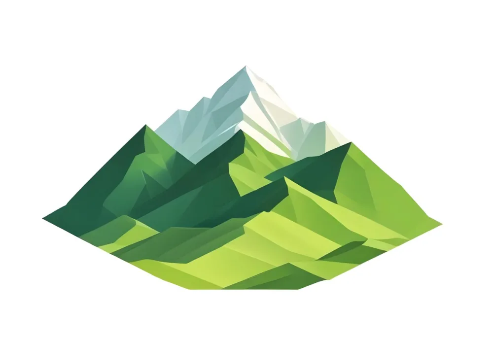 A Mountain With A Snow Covered Peak Surrounded By Green Hills And Fields The Sky Is White The Style Is Simple And Geometric 72 74a4