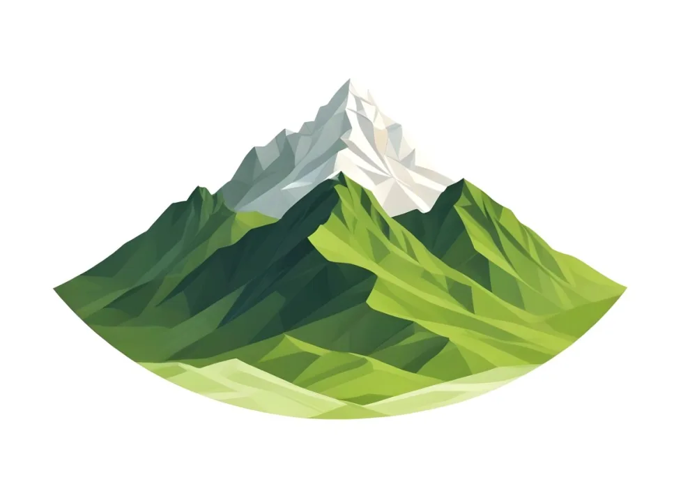 A Mountain With A Snow Covered Peak Surrounded By Green Hills And Fields The Sky Is White The Style Is Simple And Geometric 73 7496