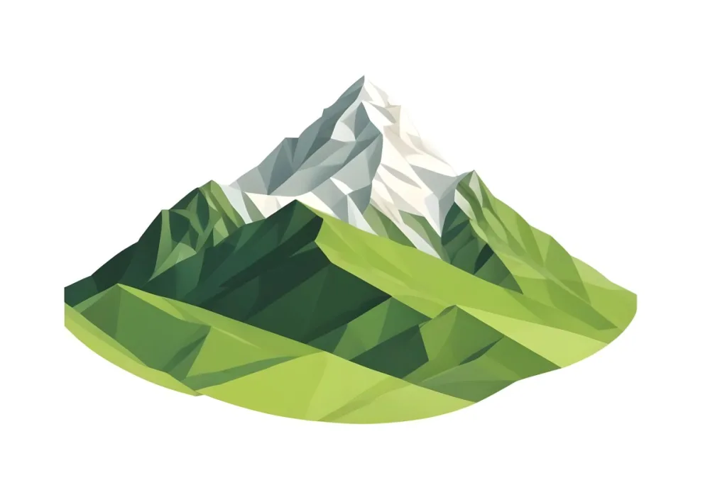 A Mountain With A Snow Covered Peak Surrounded By Green Hills And Fields The Sky Is White The Style Is Simple And Geometric 75 Fdaa