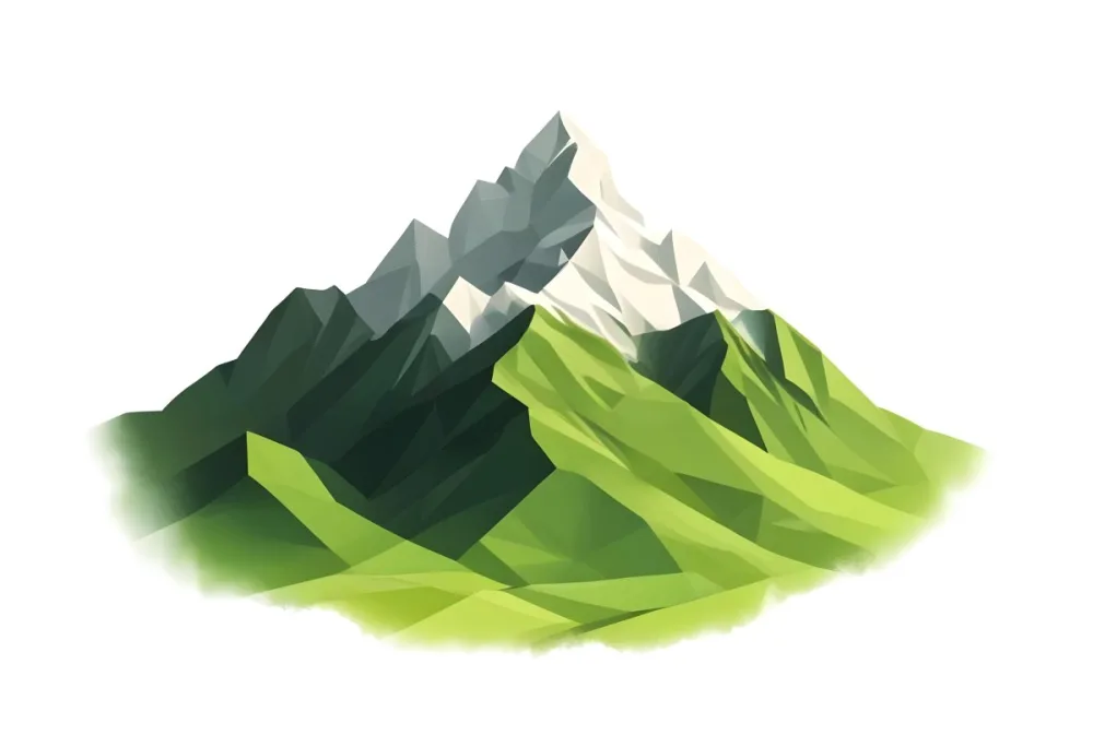 A Mountain With A Snow Covered Peak Surrounded By Green Hills And Fields The Sky Is White The Style Is Simple And Geometric 76 B2a0