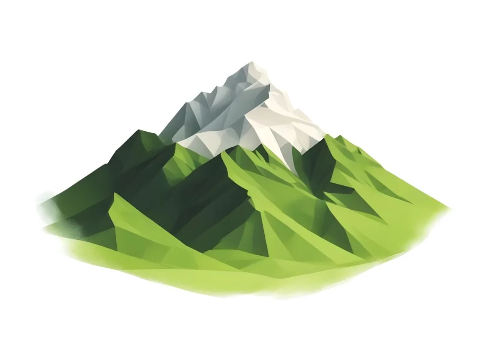 A Mountain With A Snow Covered Peak Surrounded By Green Hills And Fields The Sky Is White The Style Is Simple And Geometric 77 0680