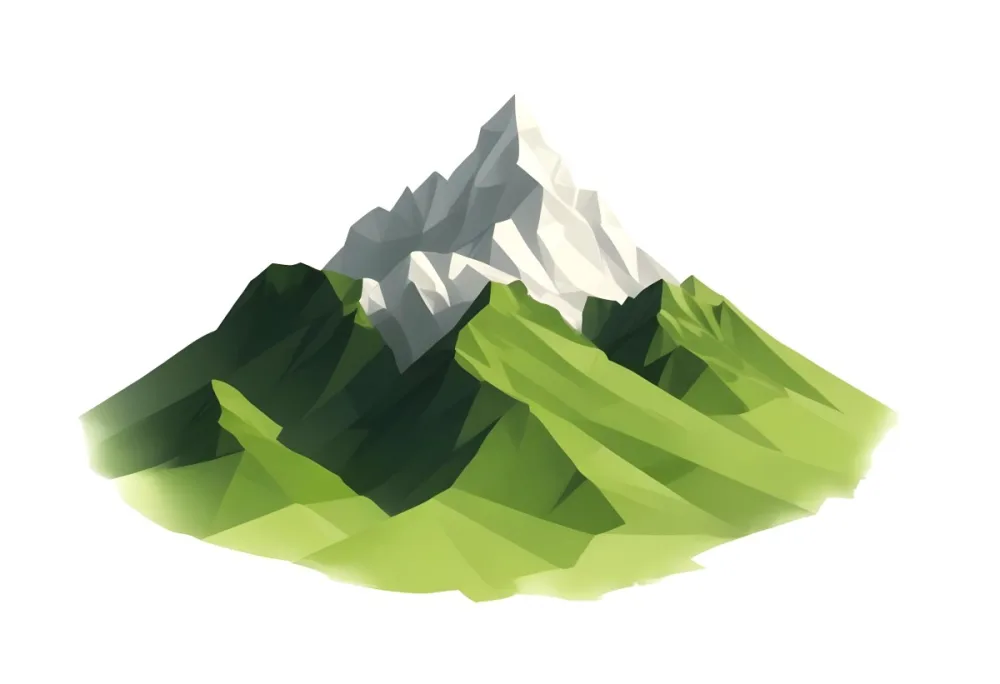 A Mountain With A Snow Covered Peak Surrounded By Green Hills And Fields The Sky Is White The Style Is Simple And Geometric 78 A268