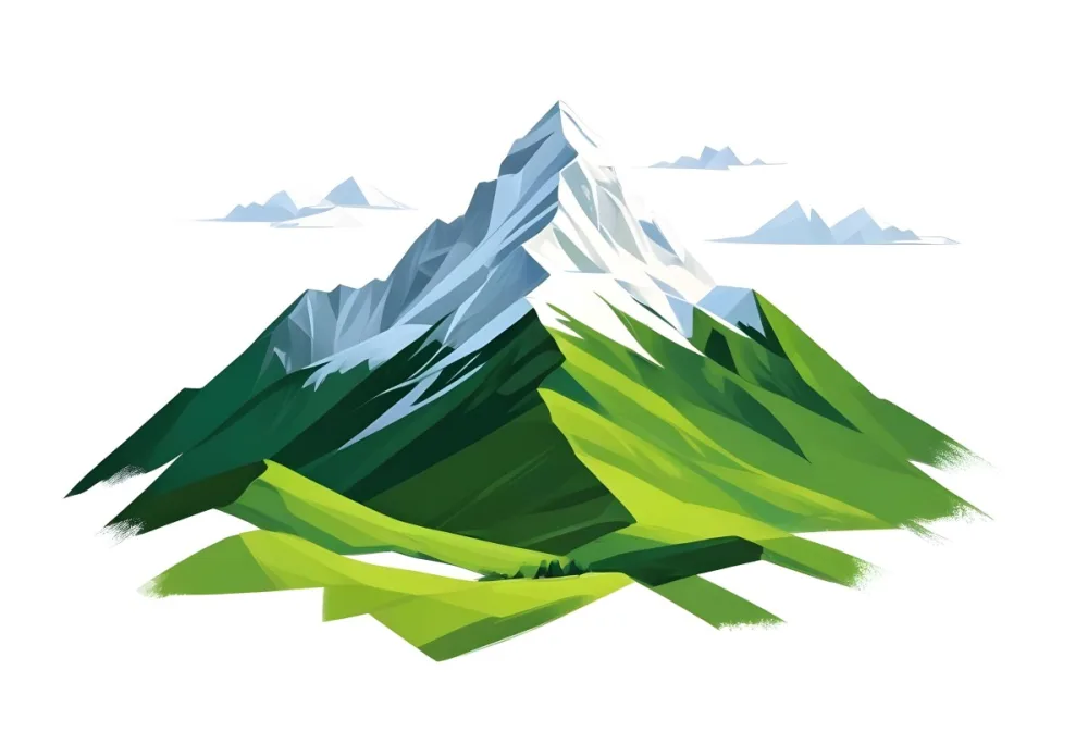 A Mountain With A Snow Covered Peak Surrounded By Green Hills And Fields The Sky Is White The Style Is Simple And Geometric 8 6ac7