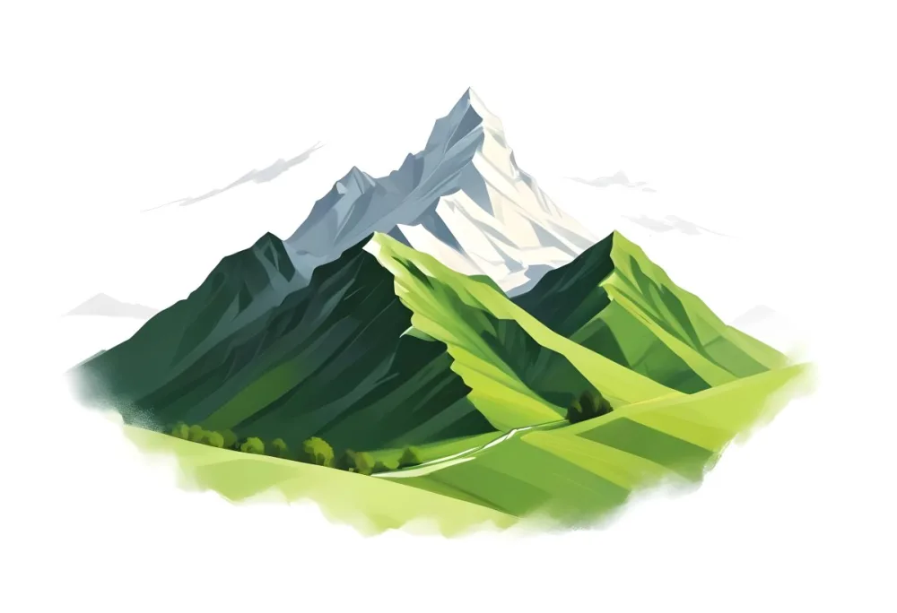 A Mountain With A Snow Covered Peak Surrounded By Green Hills And Fields The Sky Is White The Style Is Simple And Geometric 9 5bd7